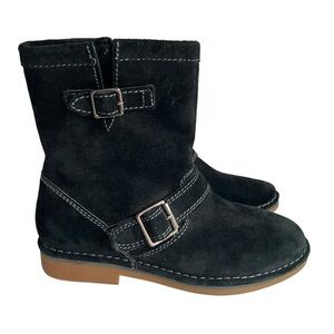 Hush Puppies Suede Booties Womens 7 Black Short Leather Buckle Side Zip VGUC